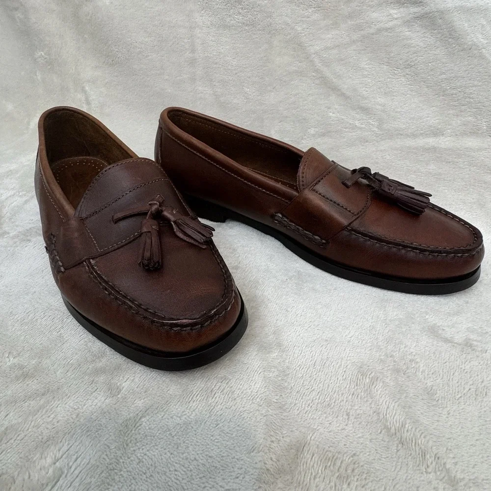 G.H. Bass Brown Leather Tassel Loafers Moc Toe Slip On Men's US 9 D Made USA
